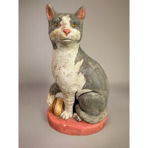 Vaillencourt Folk Art Chalkware Cat 1989 Hand painted Vintage Primitive 10” Grey